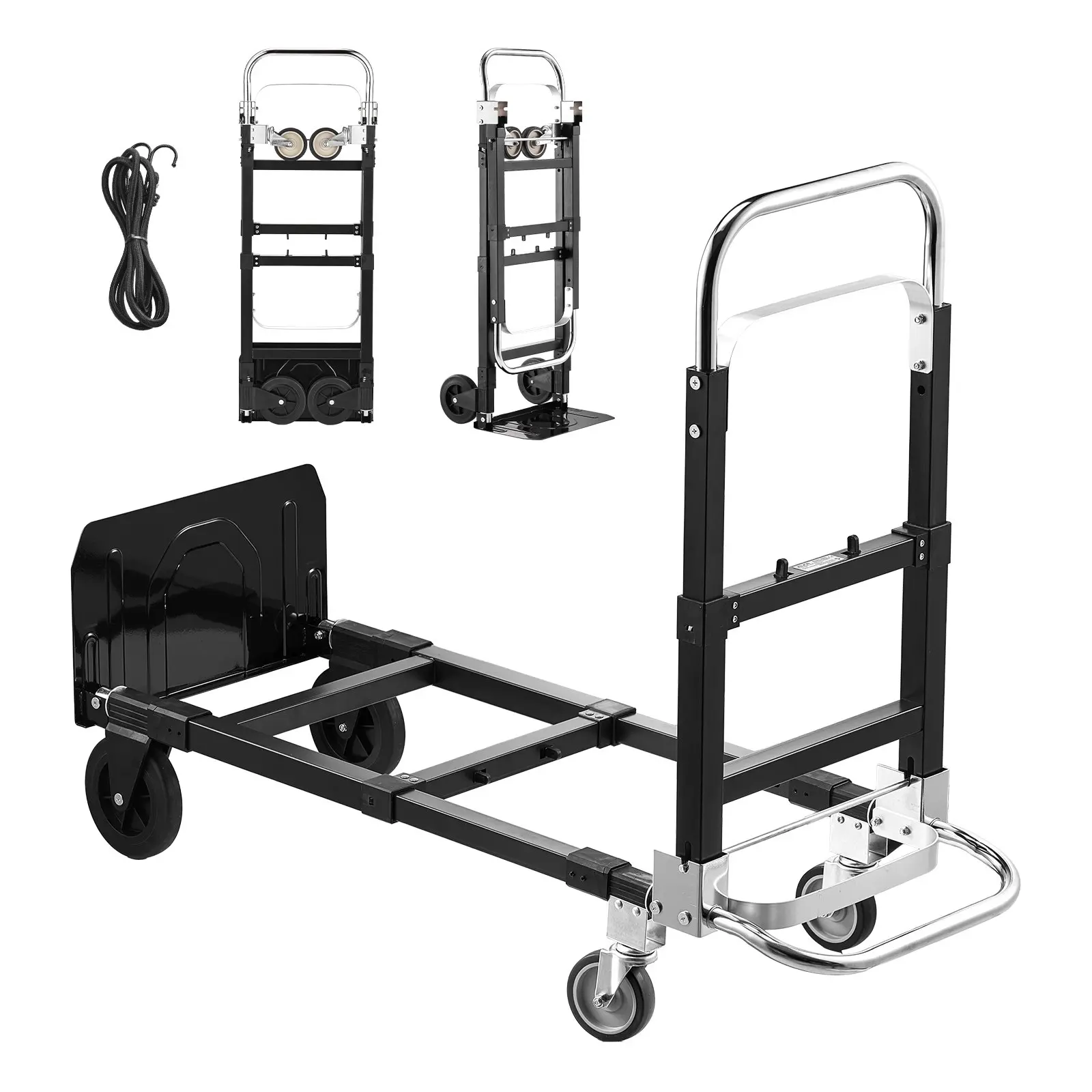 VEVOR 2-in-1 Folding Dolly, 500lb Load Capacity 4-Wheel Convertible Mode Hand Truck, Adjustable Handle Portable Trolley for Home, Office Use, Multi-Use