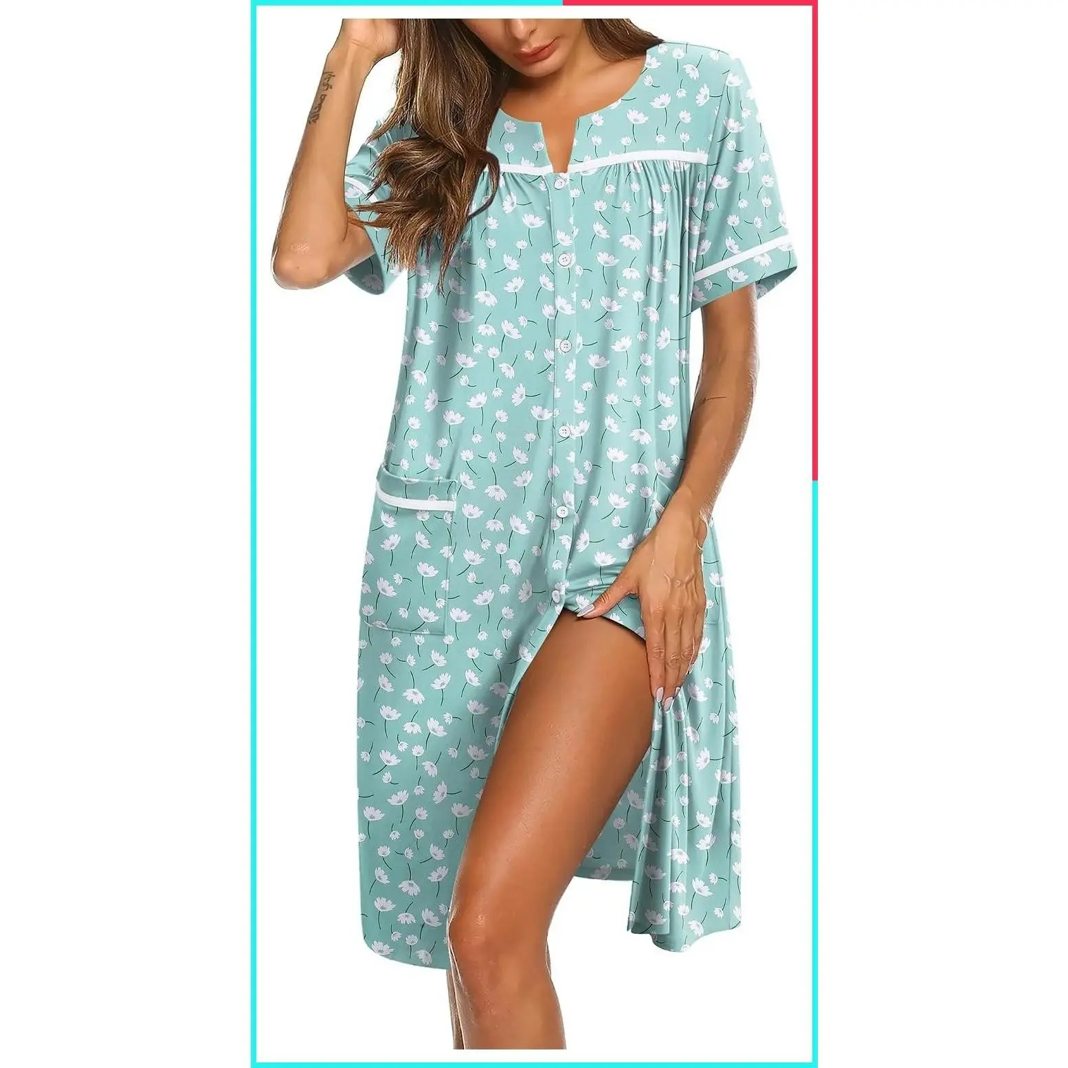 Women's Button Down Nightgown House Dress with Pockets Short Sleeve Sleepshirt Nightshirt Housecoat Moo Moos for Elderly Women, Labor and Delivery, Pregnant and Postpartum
