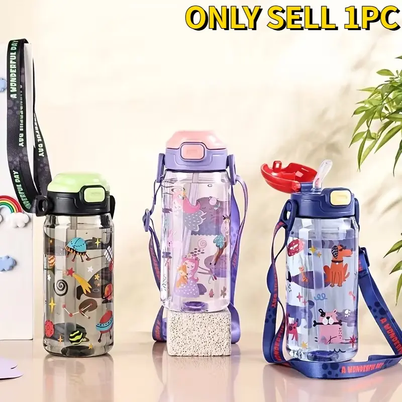 Cartoon Fairy Tale Crossbody Straw Cup, 600ML Plastic Water Bottle with Adjustable Strap, Leak-Proof and Durable, Perfect for Outdoor Activities, Leakproof Straw Cup