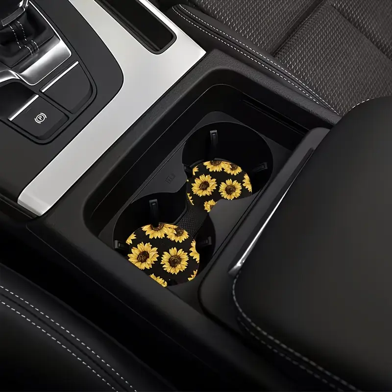 A Set of 2 Car Coasters Featuring a Sunflower Pattern, Designed to Decorate Your Vehicle, Protect the Interior, and Provide a Non-slip Surface. Suitable for Most Car Models, They Make a Great Gift