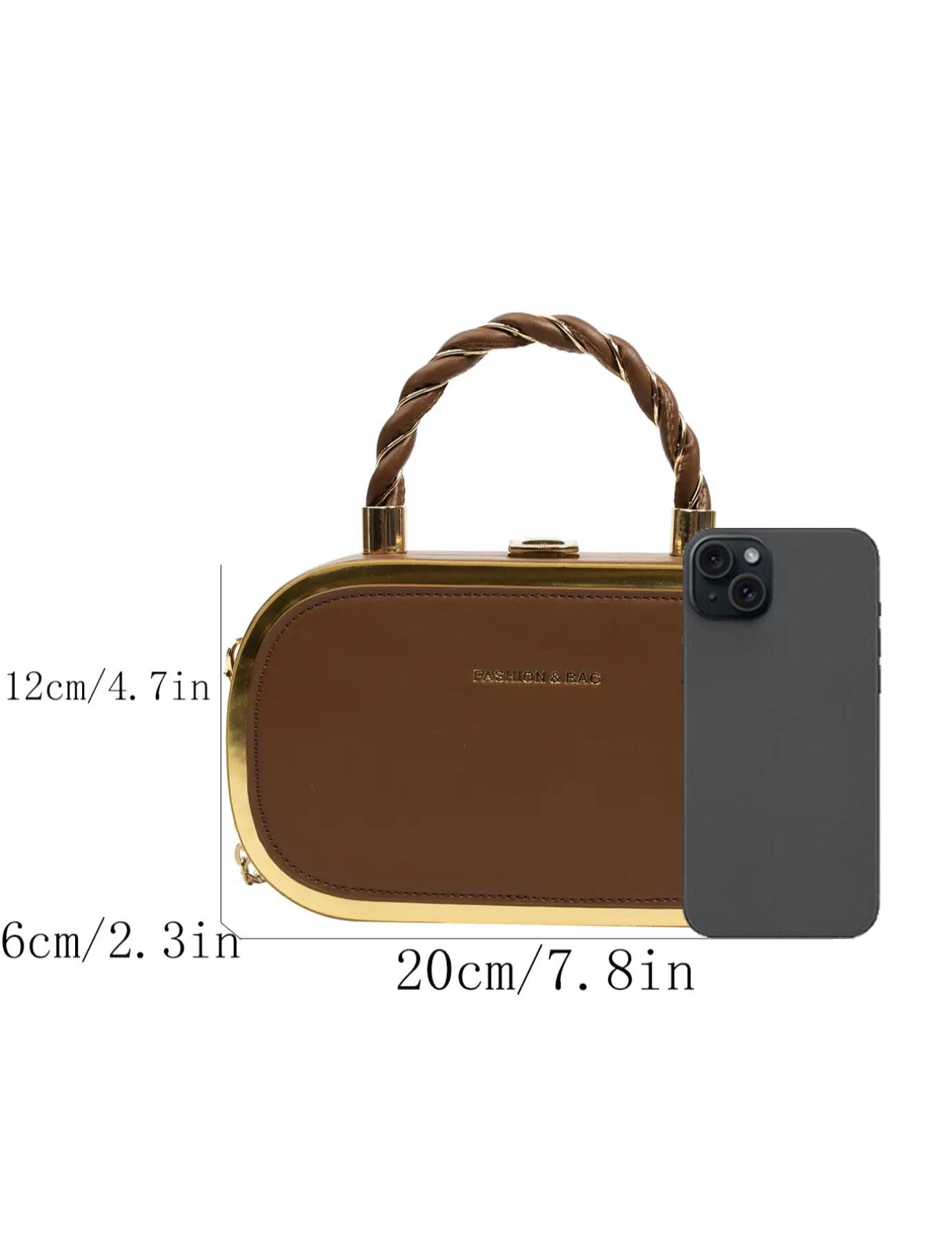 Women's Fashion Buckle Twisted Top Handle Chain Strap Crossbody Bag, Minimalist Letter Detail Metallic Trim Versatile Box Bag, Casual Shoulder Bag, Casual Crossbody Bags