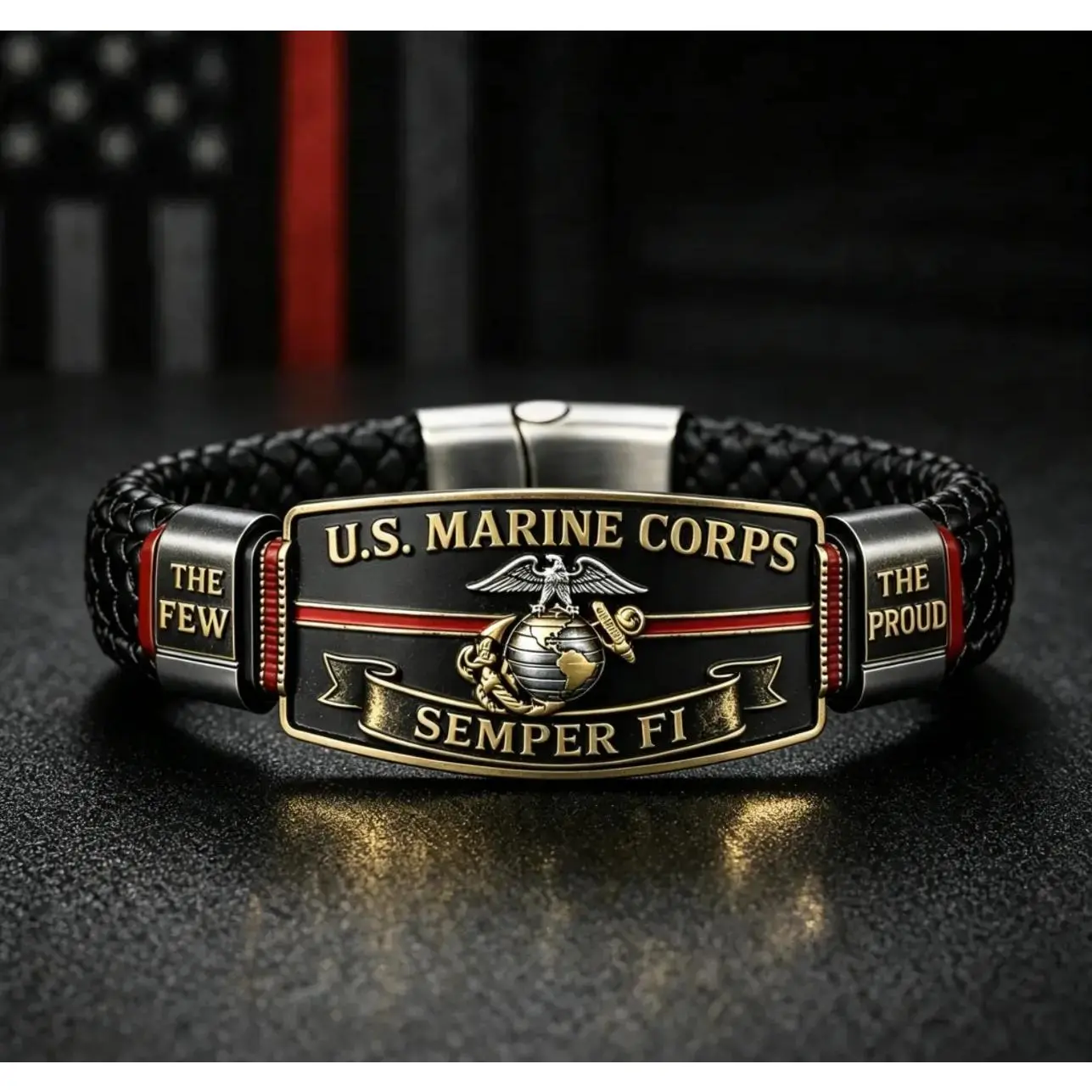 USMC Semper Fi Braided Paracord Bracelet - Engraved Eagle Globe Anchor, "The Few The Proud" Military Commemorative Wristband Gift for Marines Veterans, Bracelets