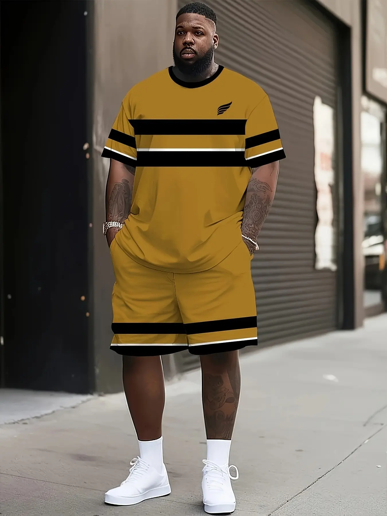 Large-Sized Men's Sportswear Set, Colorful Striped and Printed Patterns, Short-Sleeved Top and Sport Pants, Plus Size Casual Wear, Summer Sport Set
