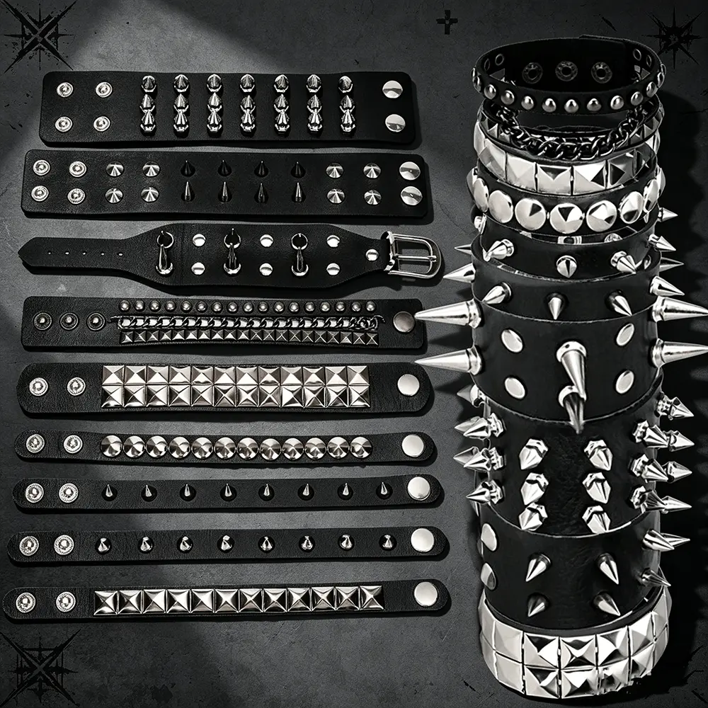 9pcs Punk Spiked PU Leather Bracelets Matching Set - Black Gothic Rivet Studded Cuff Wristbands, Daily Wear Halloween Cosplay Party Costume Accessories for Men Women, Women's Matching Sets, Cuff Bracelet, Rivet Studs, Goth, Adjustable Size, Bangles
