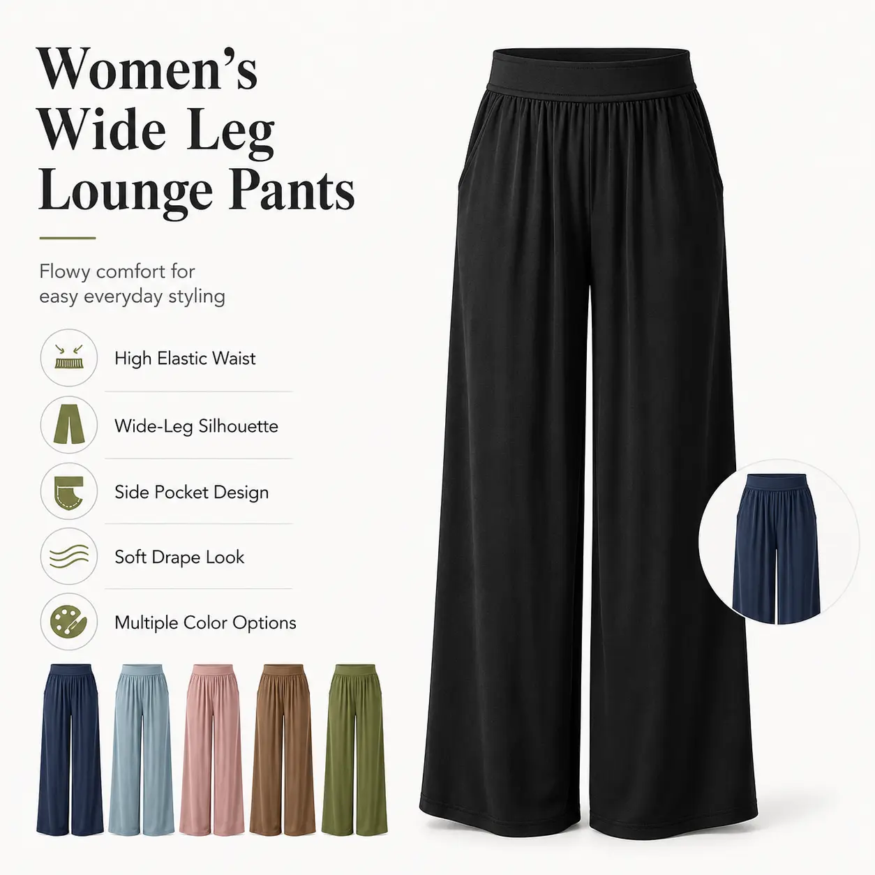 Lady's High-Waist Pleated Palazzo Pants with Soft Drape, Casual Loose Flow, Elastic Waist, and Side Pockets, Casual Wear, Flowy Pants Outfit, Multi-Size, All Seasons