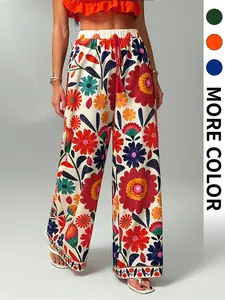 Women's Boho Floral High-Waisted Wide-Leg Pants, Elastic Waist Drawstring Design, Perfect for Casual, Shopping, Beach, and Vacation