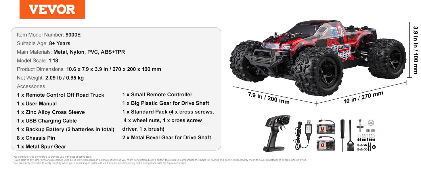 VEVOR  Remote Control Car 1:18 Scale RC Car for Adults, 36 km/h High Speed, All Terrain Waterproof IPX4 Electric 4WD Off-Road Monster Truck with 2 Batteries Hobby RC Truck Xmas Gift for Adult and Boys
