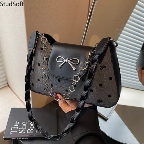 Black Shoulder Bag Jirai Kei Polka Dot Underarm Purse Metallic Bow Clutch Bag with Flower Chain Strap Y2K Hobo Handbag School Daily,sohochic