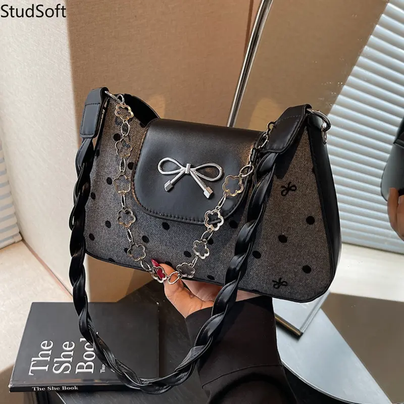 Black Shoulder Bag Jirai Kei Polka Dot Underarm Purse Metallic Bow Clutch Bag with Flower Chain Strap Y2K Hobo Handbag School Daily,sohochic