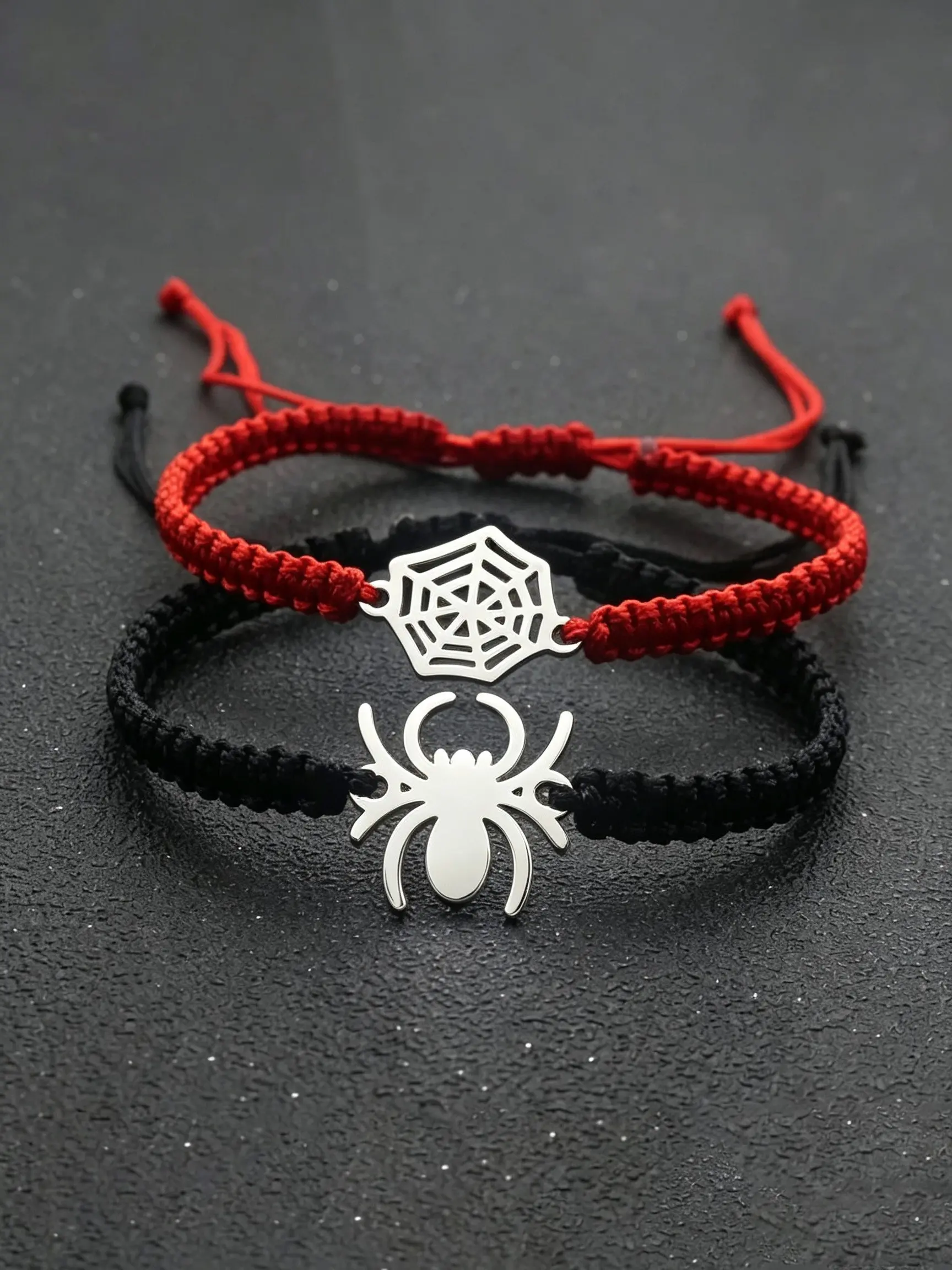 2-Pack Spider Charm String Bracelets for Couples - Minimalist Bracelet, Adjustable Hand-Woven Plastic Rope, No Mosaic Material - Creative Personalized Gift Accessory, Hand Chain Jewelry