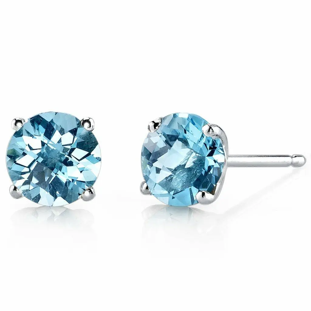 18K Solid Gold Martini Stud Earrings 2CT 5mm Round Natural Topaz Swiss Blue