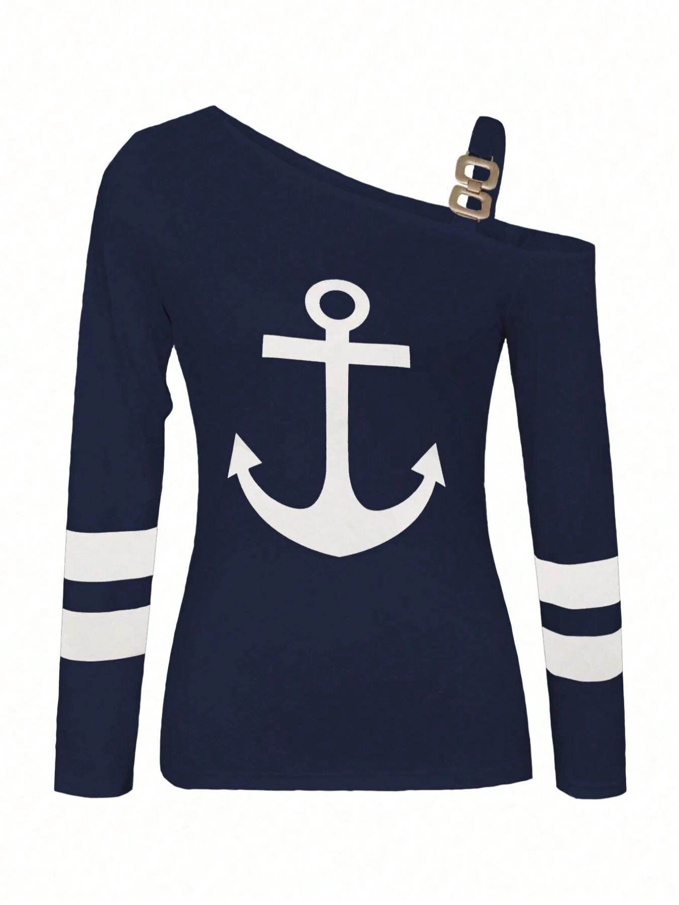 Women's Anchor Print Asymmetrical Neck Tee, Casual Long Sleeve Fitted T-shirt for Daily Wear, Ladies Clothes for All Seasons, Clothing, Top