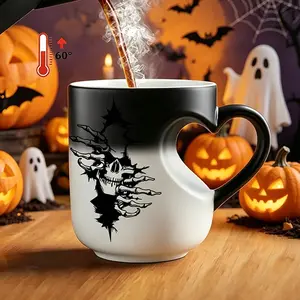 2D Skull Design Color Changing Mug With Heart Shaped Handle, Heat Activated Magic Thermal Ceramic Coffee Tea Cup, Novelty Halloween And Birthday Gift For Men Women