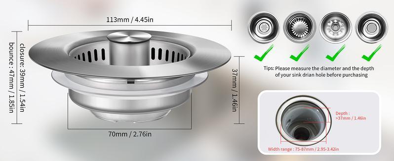 Upgraded 3 in 1 Kitchen Sink Drain Strainer - Stainless Steel Sink Stopper, Anti-Clogging Sink Food Catcher Basket,for US Standard 3 1/2 inch Drain (1)