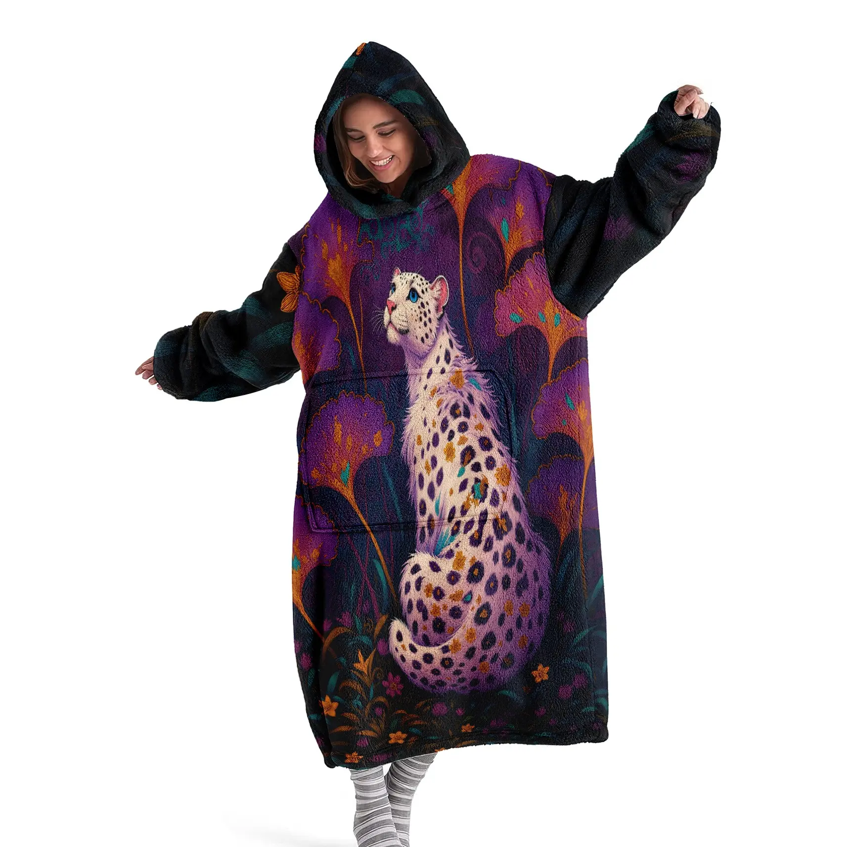 Leopard Wearable Hooded Blanket, Flannel Animal Print Hoodie Blanket with Large Pockets, Unisex Halloween Christmas Gift