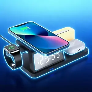 3-in-1 Wireless Charging Station with Digital Clock & Night Light, 15W Fast Qi-Certified Charger for Phones, Smartwatches & Earbuds| Charges 3 Devices Simultaneously, HT309 Black.