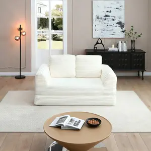 2-in-1 Folding Convertible Sofa Bed, Modern Corduroy Sleeper Couch with 2*pillows, Futon Modular Upholstered Boneless Loveseat with Pull-Out Bed,Folding Floor Modular Couch for Living Room Beige