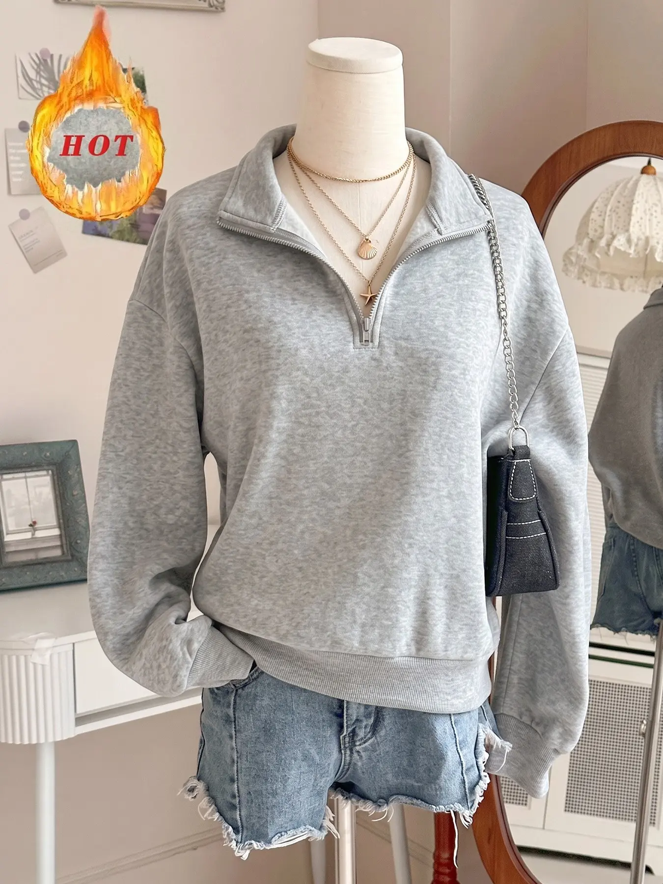 Unisex Minimal Heather Grey Quarter Zip Stand Collar Sweatshirt, Premium Heavy Warm Fleece Fabric Oversized Loose Fit Long Sleeve Pullover, Plain Basic Half Zip Collar Layering Jumper For Office Commute, Daily City Walk & Casual Outdoor Outfit #springsale