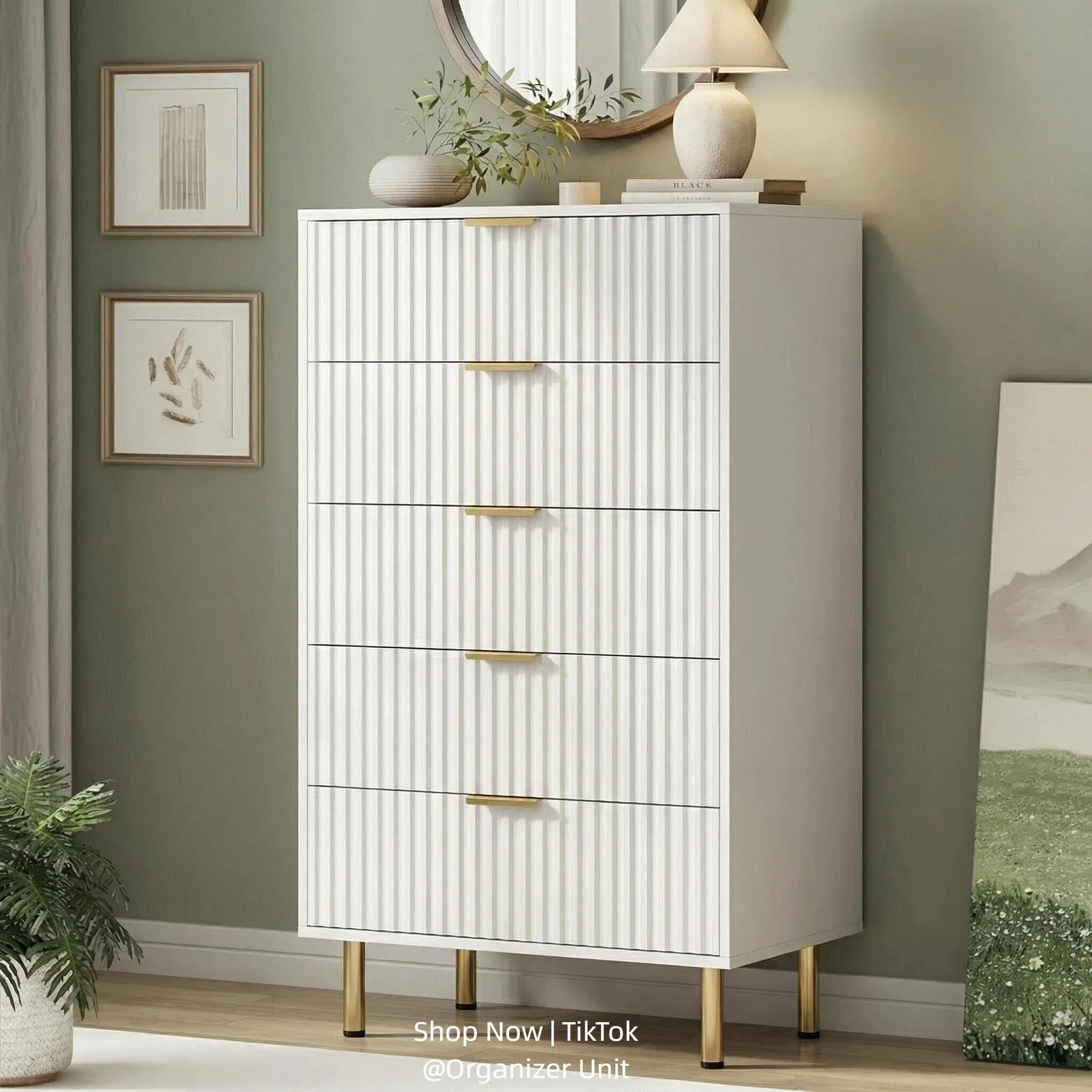 SA-Modern Fluted Dresser Bedroom with 5 Large Drawers, Stylish Storage Cabinet & Chests of Drawers with Large Organizer, Tall Dresser with Smooth Metal Rail, Perfect Storage Organizer & Home Decor for Bedroom, Living Room