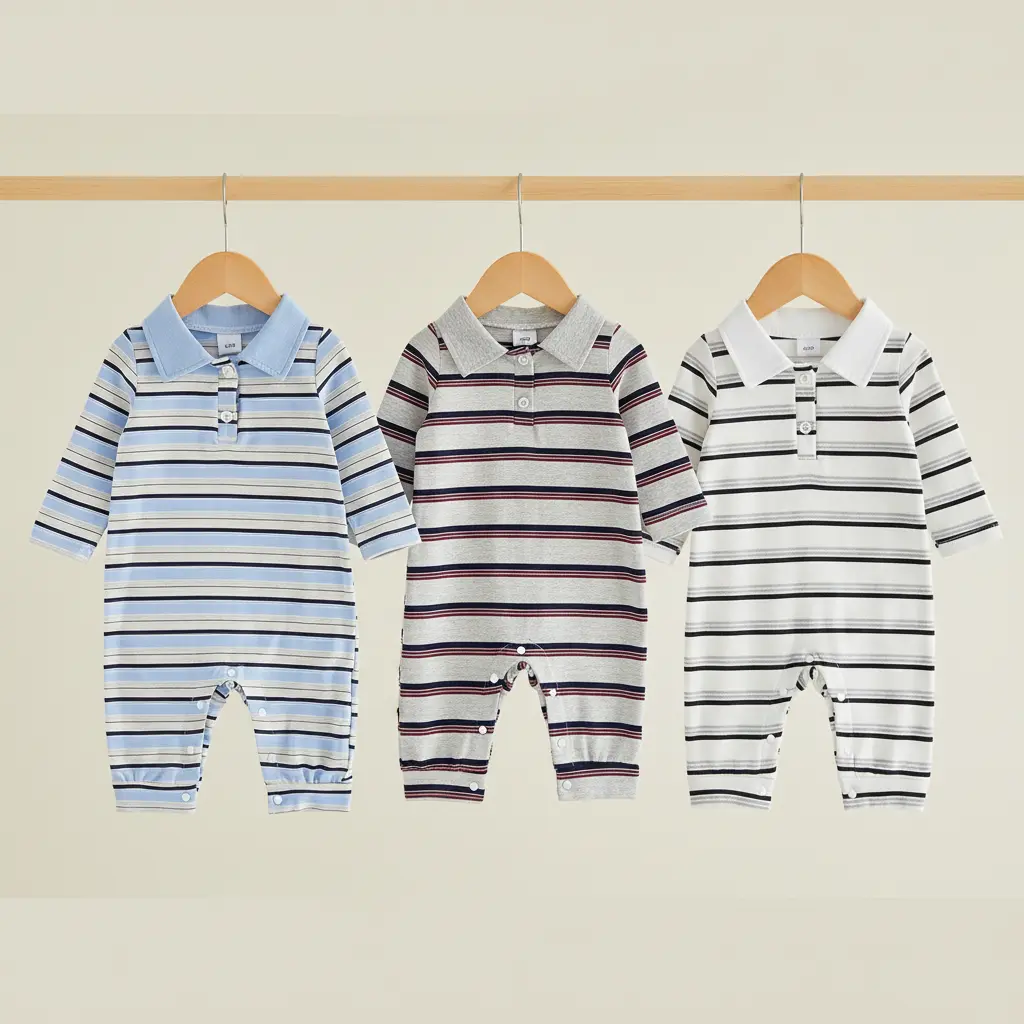 Baby Boy Long-Sleeve Striped Half-Button Collared Romper, Cute Infant Fall Jumpsuit, Baby Boy Clothes