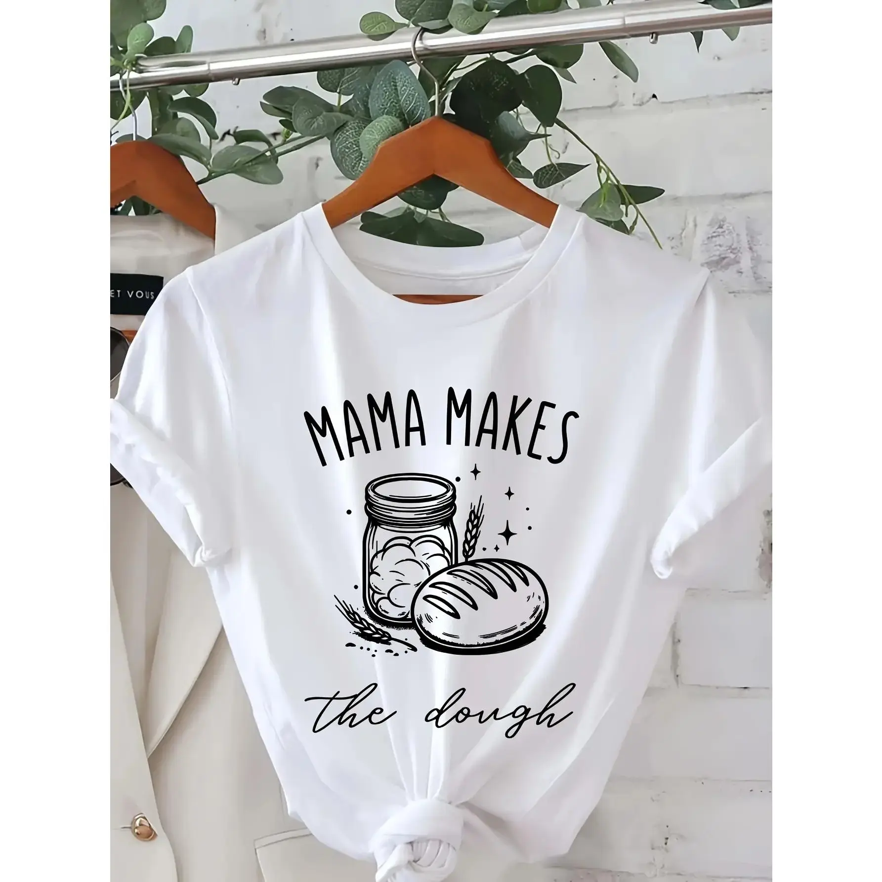Mom Made Sourdough Bread Printed T-Shirt, Short Sleeve Round Neck Casual Top, Suitable for Summer and Spring, Women's Clothing