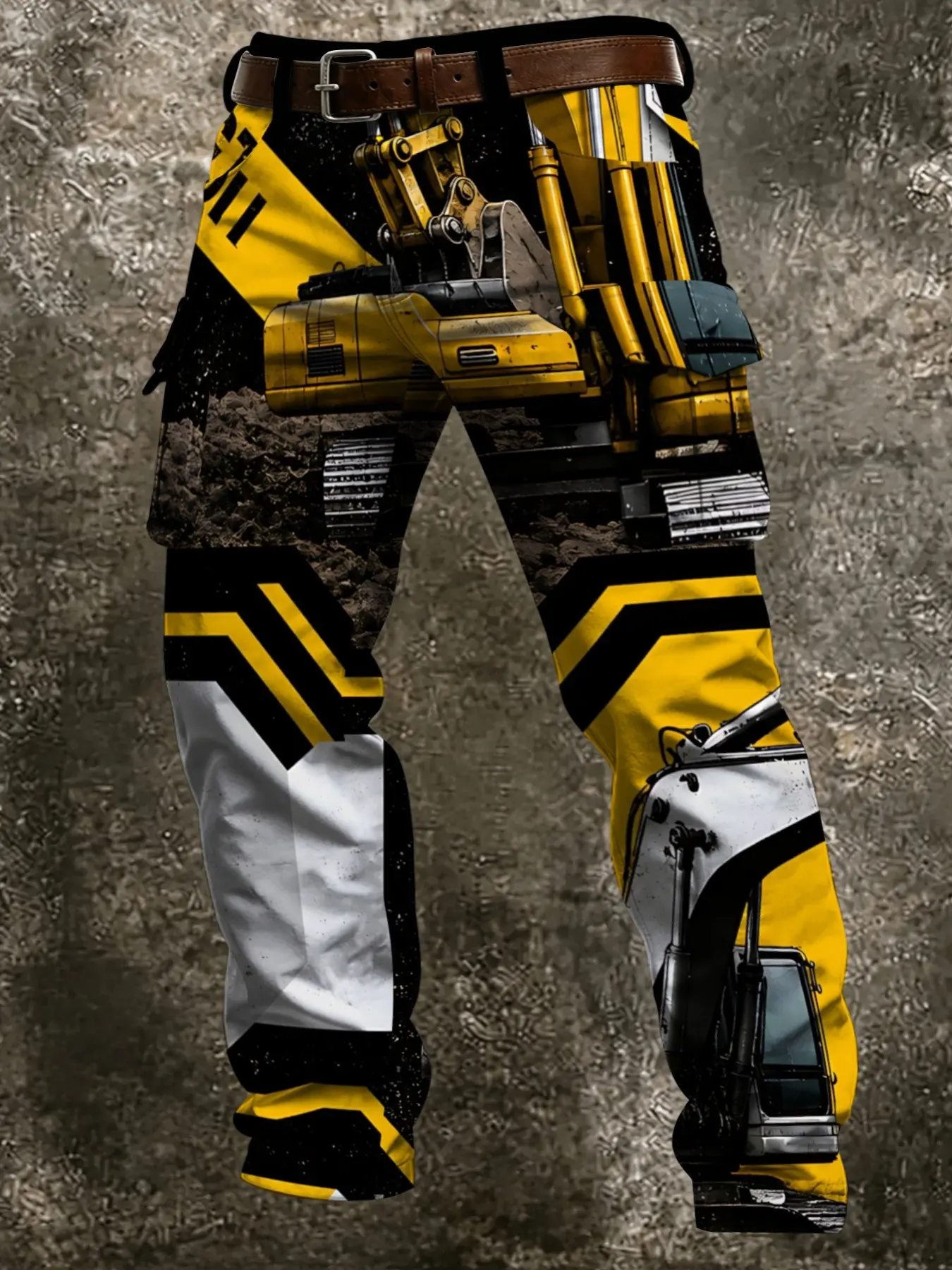 Engineering Style Work Pants, High-Definition Excavator Print, Warning Stripes, Vintage Dirt Texture, Dual Layer Side Pockets