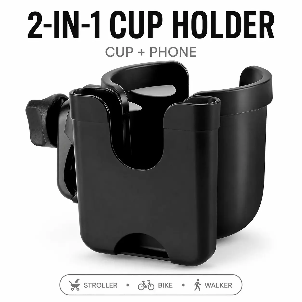 Stroller Cup Holder with Phone Holder, Bike Cup Holder, Universal Cup Holder for Uppababy Nuna Doona Strollers, 2-in-1 Cup Holder for Walker, Wheelchair, Scooter