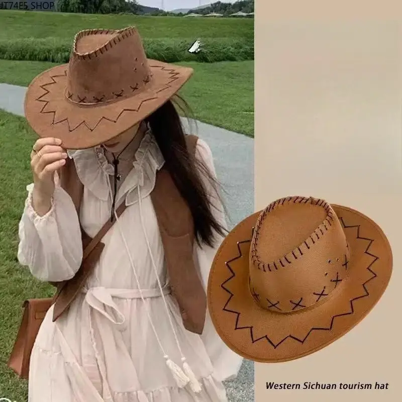 Unisex Suede Western Cowboy Hat, Large Curved Brim UV Protection Sun Hat, Couple Windproof Top Hat for Grassland Outdoor Travel