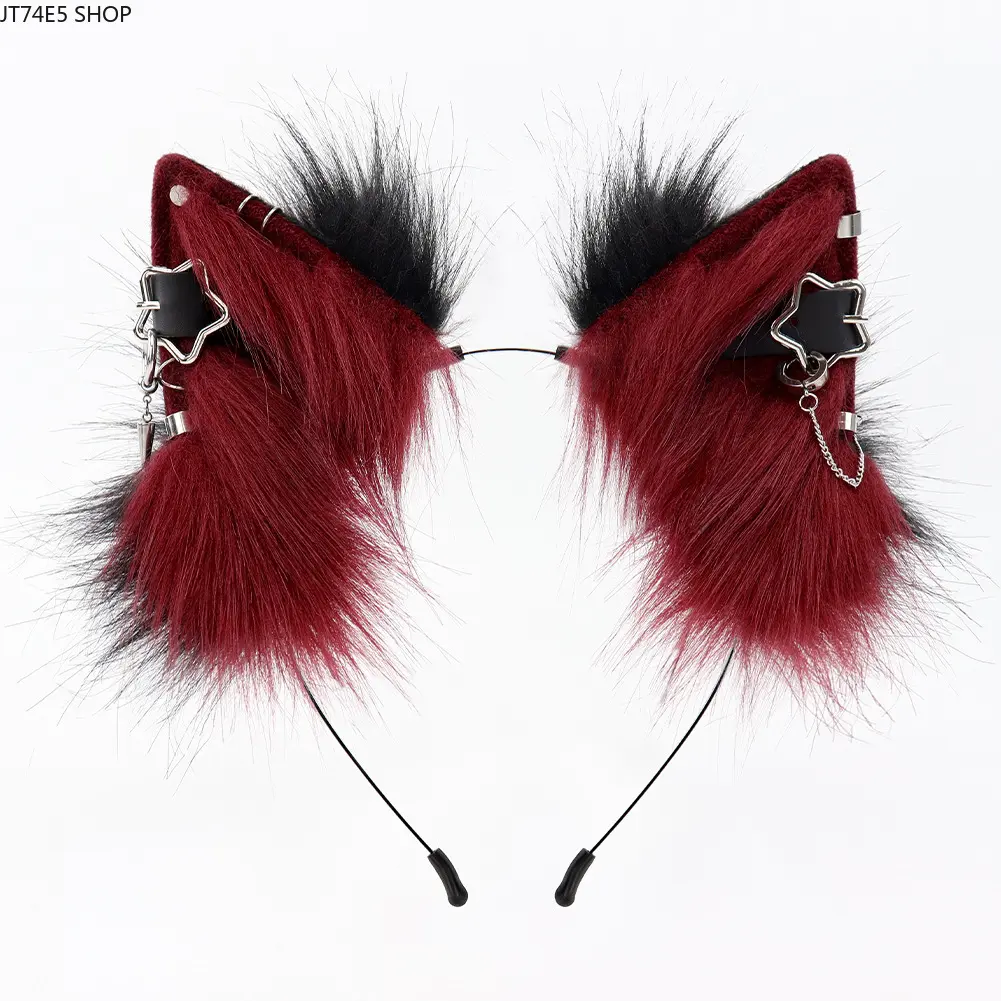 Plush Cat Ear Headband with Punk Metal Decor, Handmade Elastic Hair Accessory for Unisex Cosplay Events and Parties, Elastic Bands, Plush Fabric