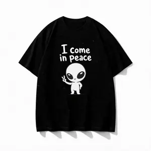 Men's 'I Come in Peace' Alien T-Shirt, Retro Cartoon Graphic Short Sleeve Round Neck Top, Nerdy Sci-Fi Streetwear for Comic Con