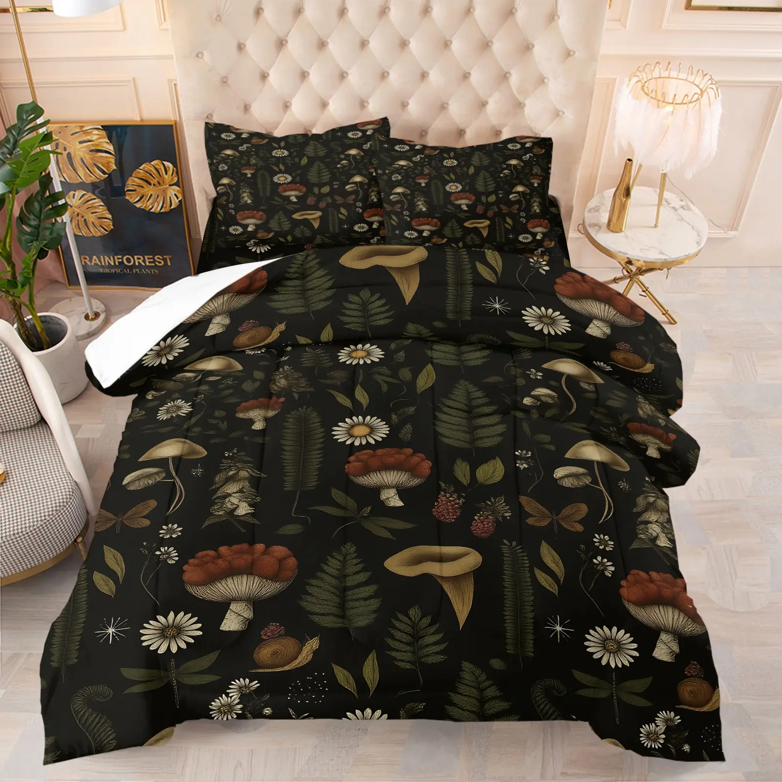 Dark Vintage Mushroom Fern Daisy Insect Comforter Set, 1 Comforter + 1-2 Pillowcases, Durable Soft Comfy Washable Bed Set, High Definition Digital Print, Summer Vibe Dark Cottagecore Aesthetic, All Season Bedroom Bedding