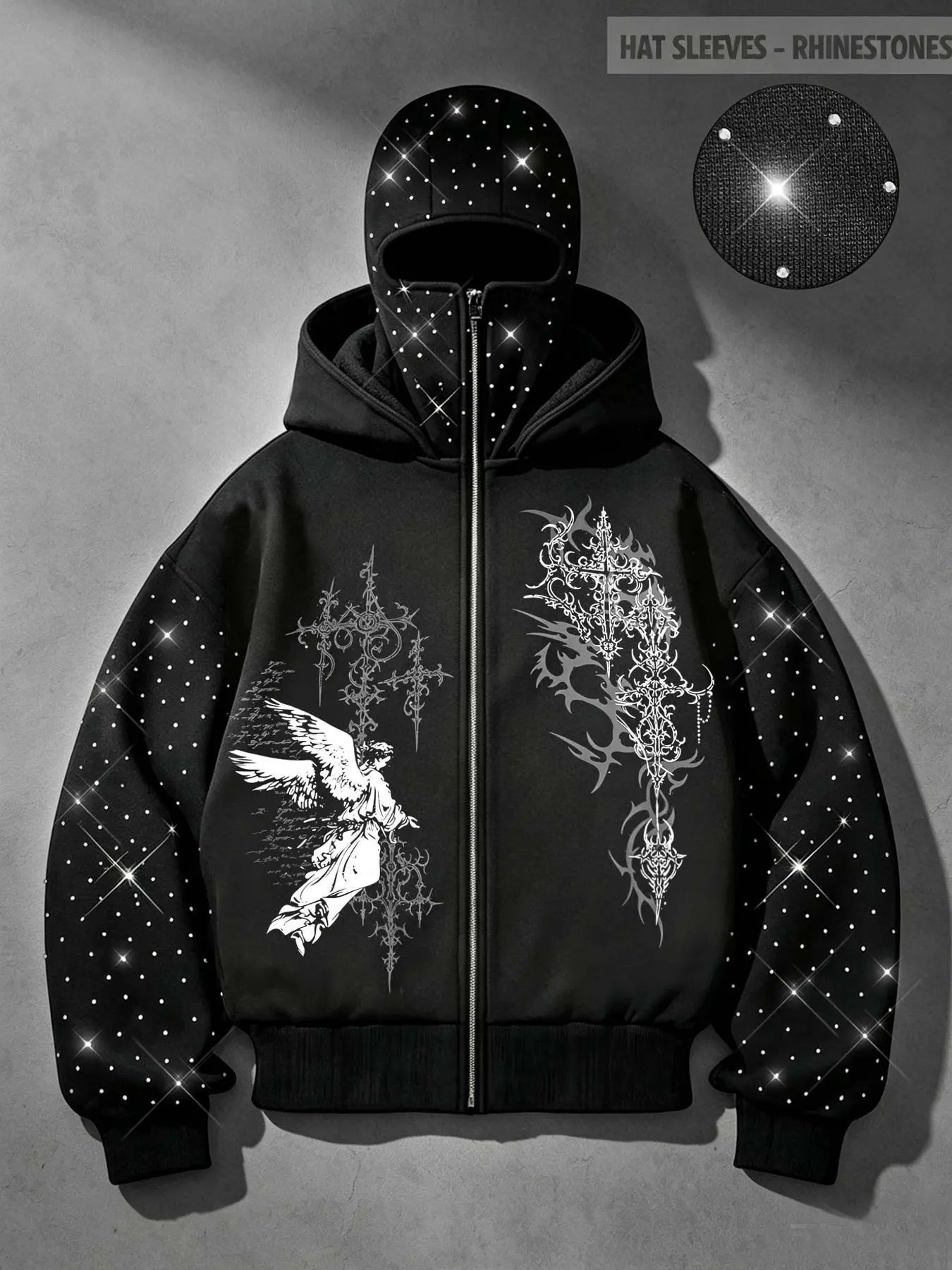 Autumn/Winter Fleece-Lined Rhinestone-Encased Zipper Cardigan for Men, Dark Gothic Baroque Angel Cross Sleeves with Rhinestone Embossed Hooded Jacket, Niche High Street Heavy-Duty Design Unisex Trendy Brand Top