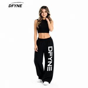 DFYNE Letter Print Sleeveless Crop Top & Wide Leg Sweatpants Set, Stretch Women 2 Piece Outfit for Casual Yoga Gym Workout Tracksuit