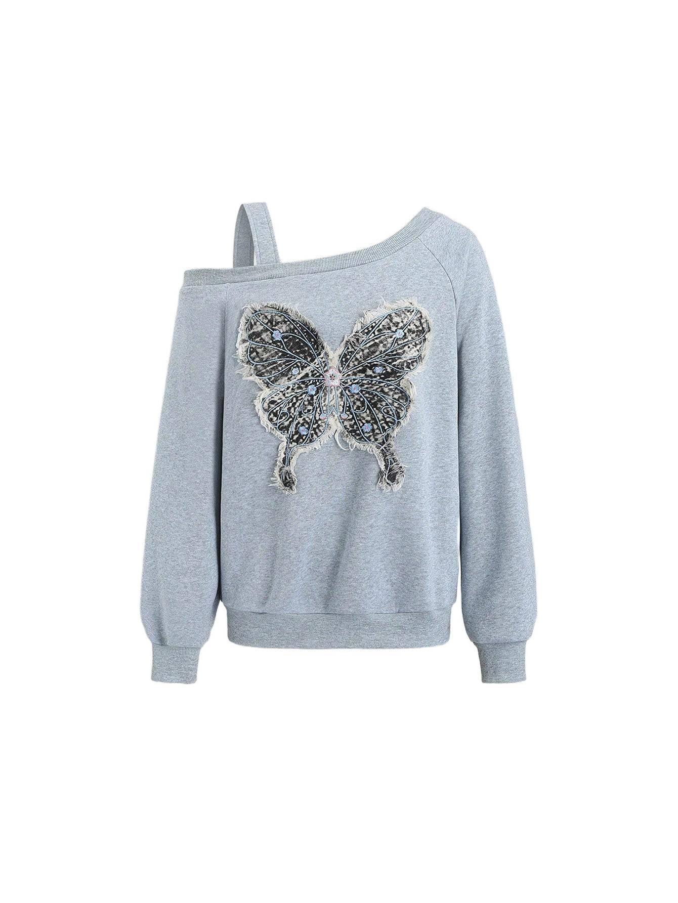 Women's Casual Butterfly Embroidered Sweatshirt, Gray Off Shoulder Asymmetrical Strap Top, Frayed Edge Long Sleeve Pullover, Fashion Daily Wear for Outdoor Activities & Relaxed Outfits