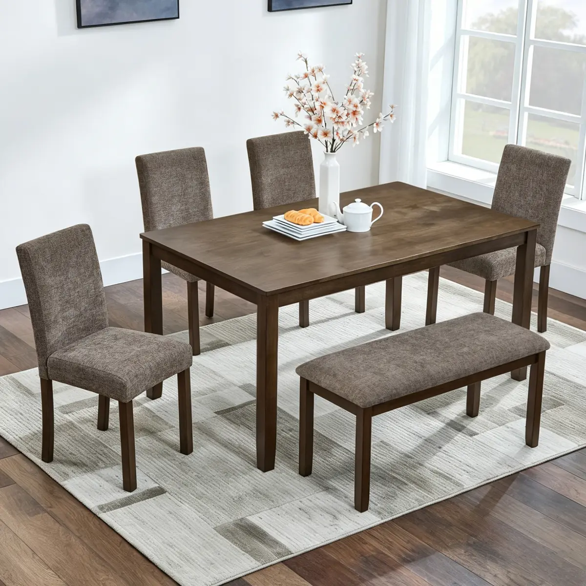[Bellemave]  6-Piece Dining Table Set with Bench and Chairs, Wooden Dining Table Set for 6 people, Farmhouse Rustic Style 6 Person Dining Table Set for Dining Room, Kitchen