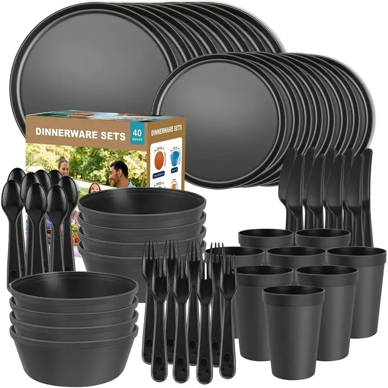 Unbreakable Plastic Tableware Dinnerware Sets - 40-Piece Boxed Stackable Set for 8, Includes Plates, Bowls, Cups, Forks & Spoons, Ideal for Apartment, Camping Home Supplies