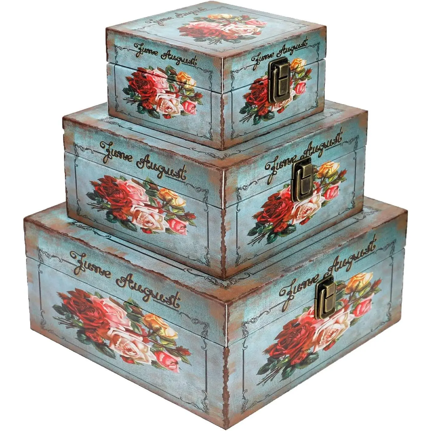 Storage Box Set of 3,  Decorative Nesting Boxes Wooden Treasure Storage Crates With Latch,  Decor Rustic Antique Boxes With Lid for Photos, ,  (Bloom)