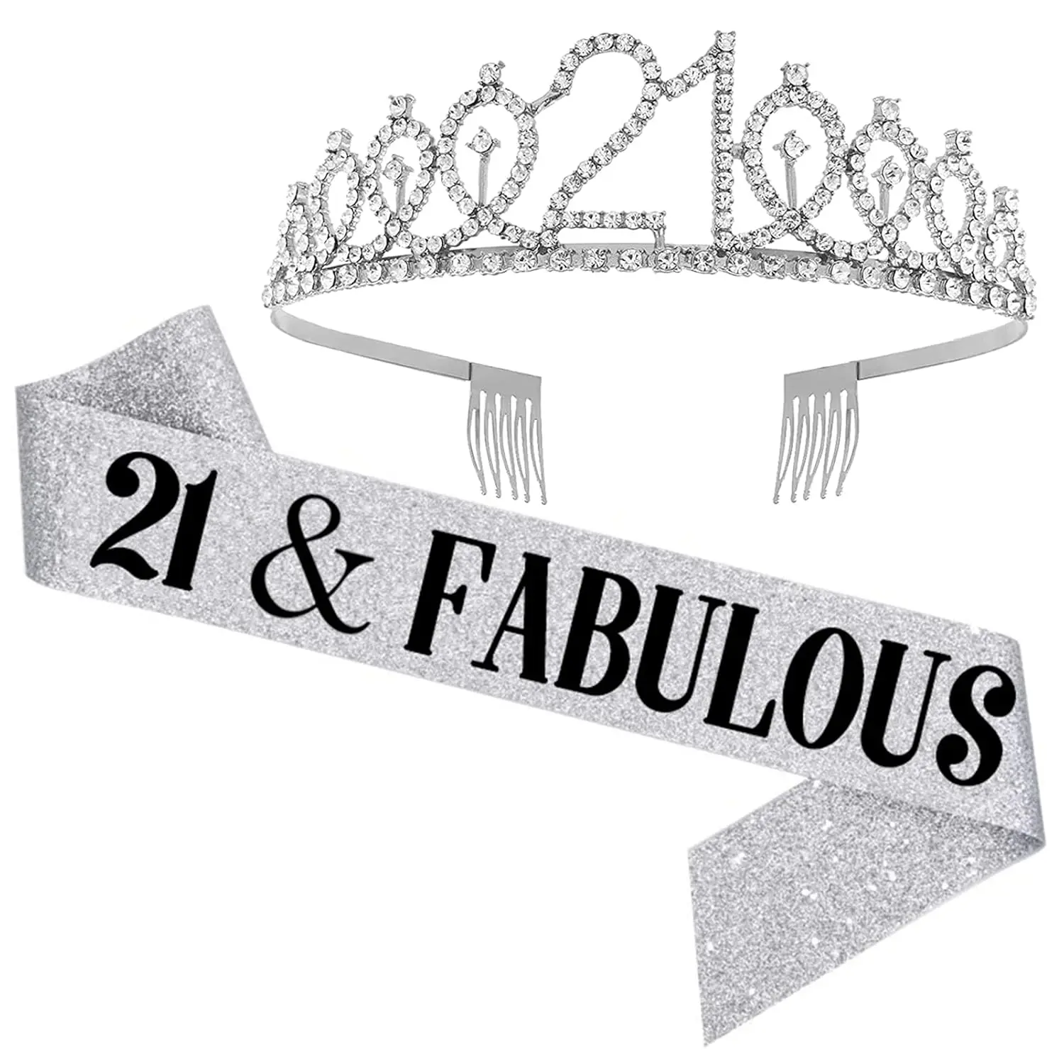 21st Birthday Sash and Tiara, 21 & Fabulous Birthday Sash and Crown Set, Happy 21st Gifts for Party Favors Supplies and Decorations,