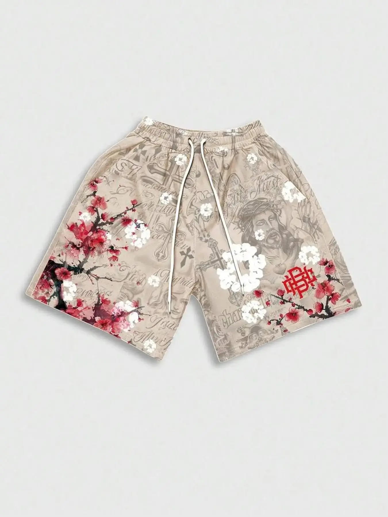 Men's Trendy Shorts, Casual, Floral Shorts, Retro Jesus Portrait Graphic Printed Shorts with Red Sakura Cherry Blossom, Street Style Men's Loose Sweat Shorts, Streetwear, Y2K Grunge Aesthetic, for Summer Pool Party and Weekend