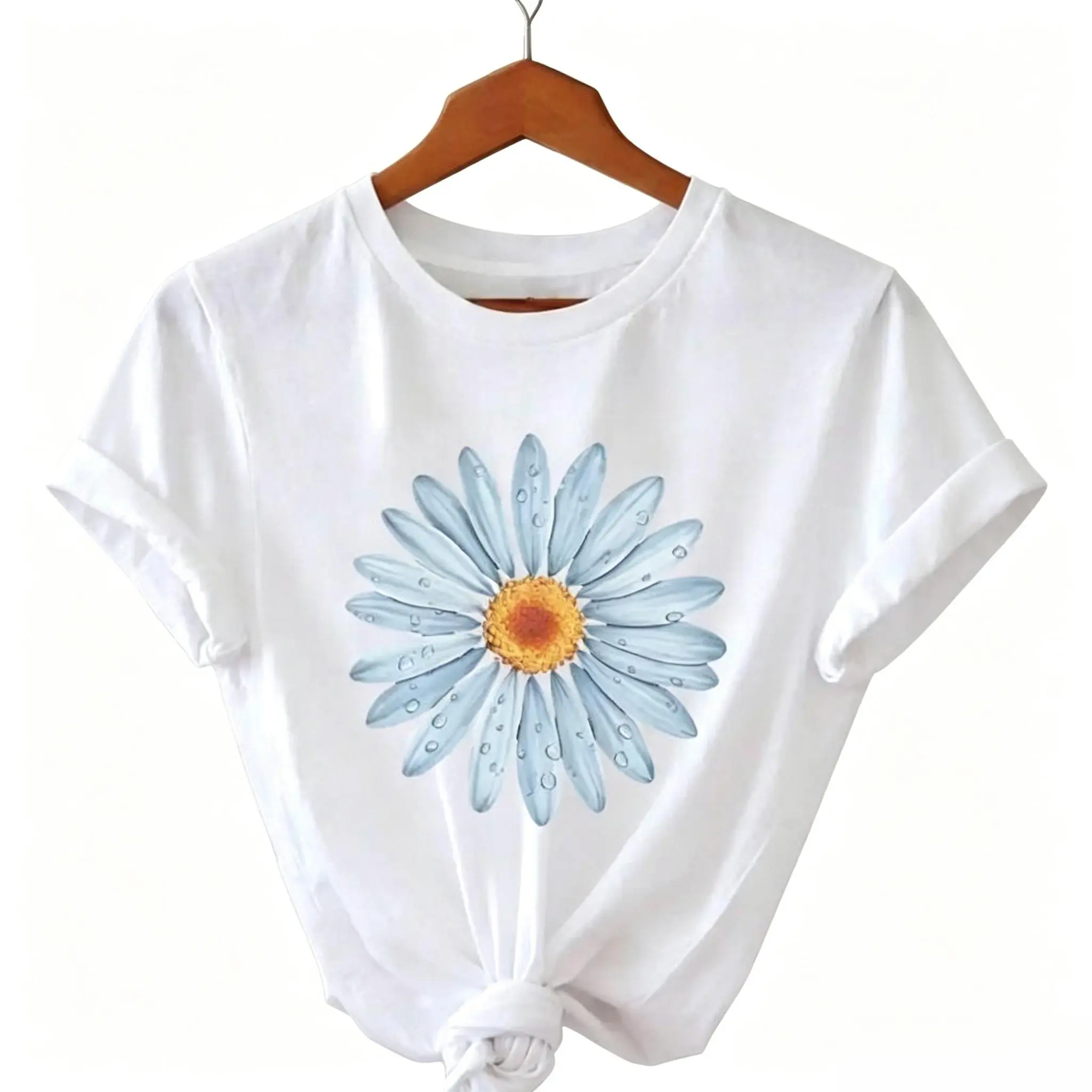 Lady's Loose Polyester Short-Sleeve Graphic Tee, Blue Daisy Flower Print Crewneck, Smooth Vibe Breathable Lightweight Casual Summer Vacation Beach Sports Top, Street Style