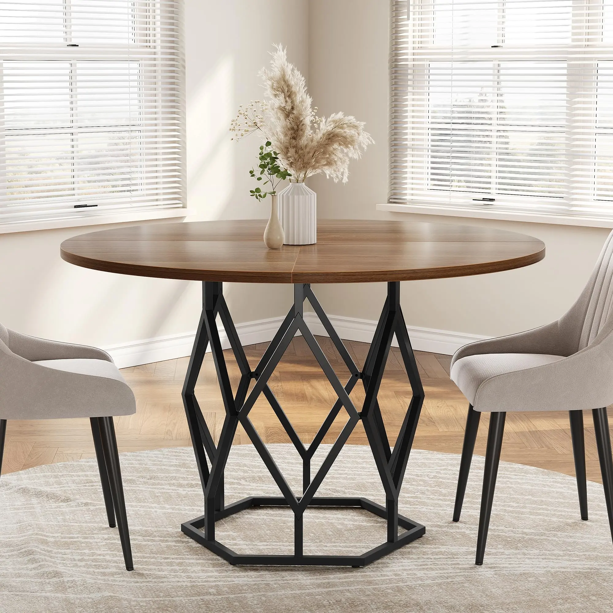 Garvee 47" Round Dining Table for 4-6 People, Farmhouse Kitchen Table with Unique Diamond-Shaped Metal Base, Industrial Wooden Top Dinning Room Table for Apartment & Small Spaces, (Brown only table)
