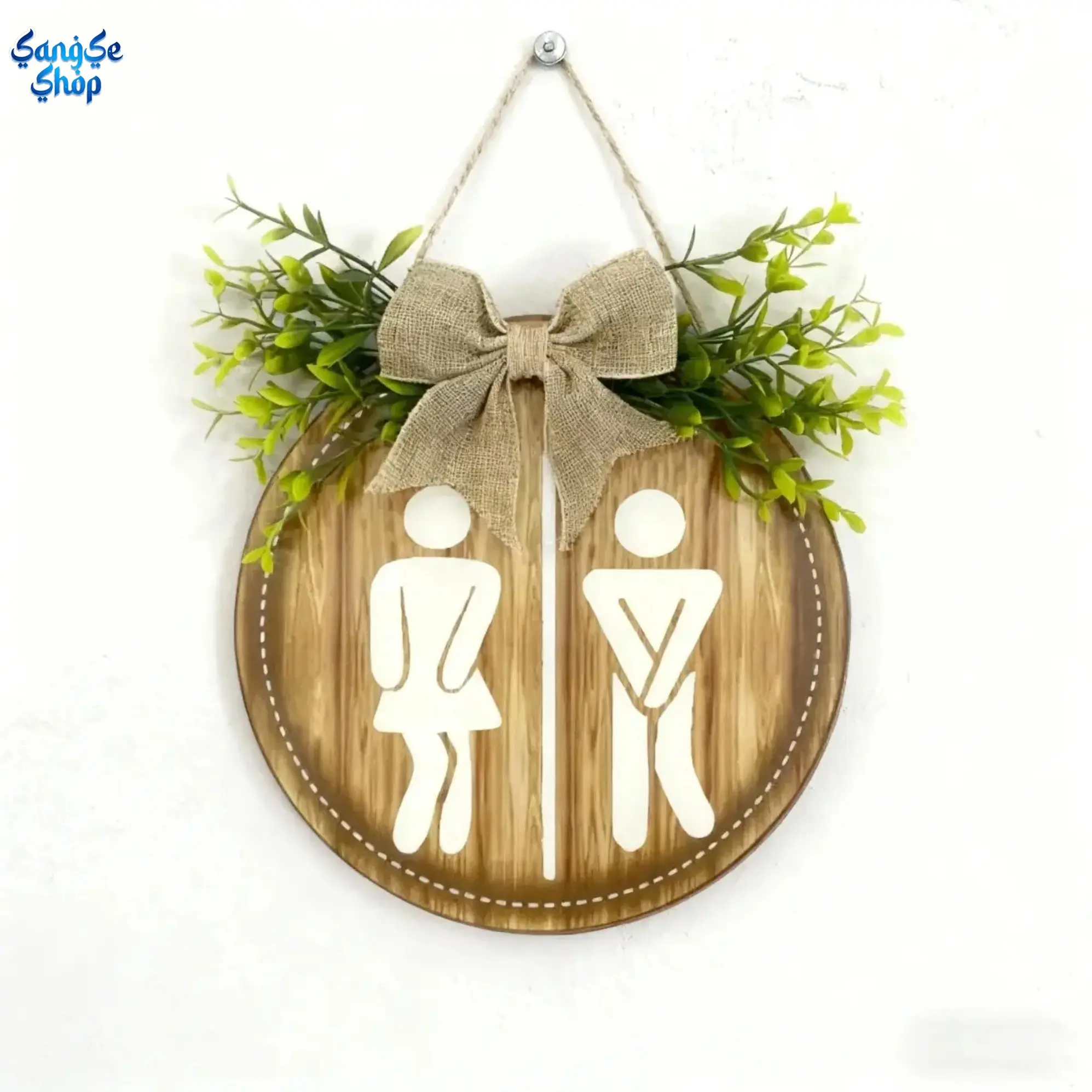 Round Bathroom Toilet Sign, Rustic Farmhouse Wall Decor Plaque with Leaf Design, Beaded Hanging Wooden Door Sign, Country Style Bathroom Decoration for Home, Guest Room, Powder Room & Farmhouse Interior Decor