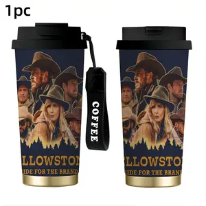 1pc 18oz Yellowstone Dutton Family Print Stainless Steel Tumbler with Dual Sip/Straw Lid & Coffee Strap, Double Wall Vacuum Insulated Travel Coffee Mug, Leakproof Flip Top Thermal Cup, Long Cold & Heat Retention, Western TV Show Fan Merch