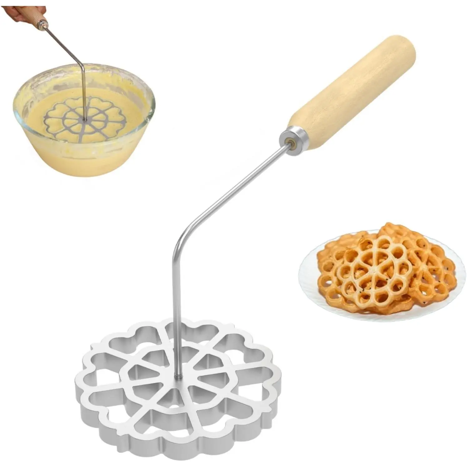 Detachable Handle 4.8inch Cast Aluminum Bunuelos Mold Rosette Iron Flower Cookie Maker for Kitchen Baking Cooking (1 pc)