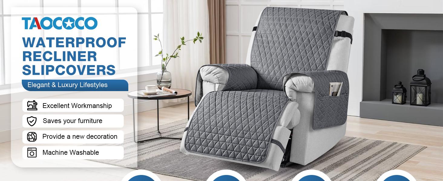 100% Waterproof Recliner Cover - Recliner Cover with Non-Slip Granule, Recliner Chair Covers with Elastic Band, Recliner Chair Covers for Reclining Chair(Dark Grey, Small-22'')