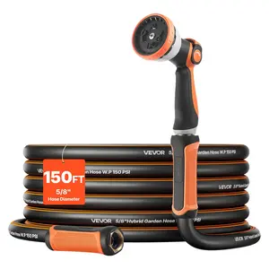 VEVOR Garden Hose, 150 ft 5/8" Heavy Duty Rubber Water Hose with 10 Mode Nozzle, 150PSI Working 600PSI Burst, Flexible Non-kink Outdoor Waterhose with 3/4" Fitting, Lightweight Hoses for Gardening