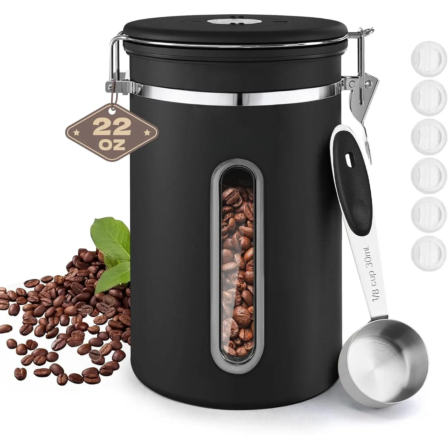Coffee Canisters with Window,Airtight Coffee Container,22oz | Scoop,Date , Storage Organizers for Beans,Ground,Espresso,,Sugar,Bar Accessories,Gifts ,Black
