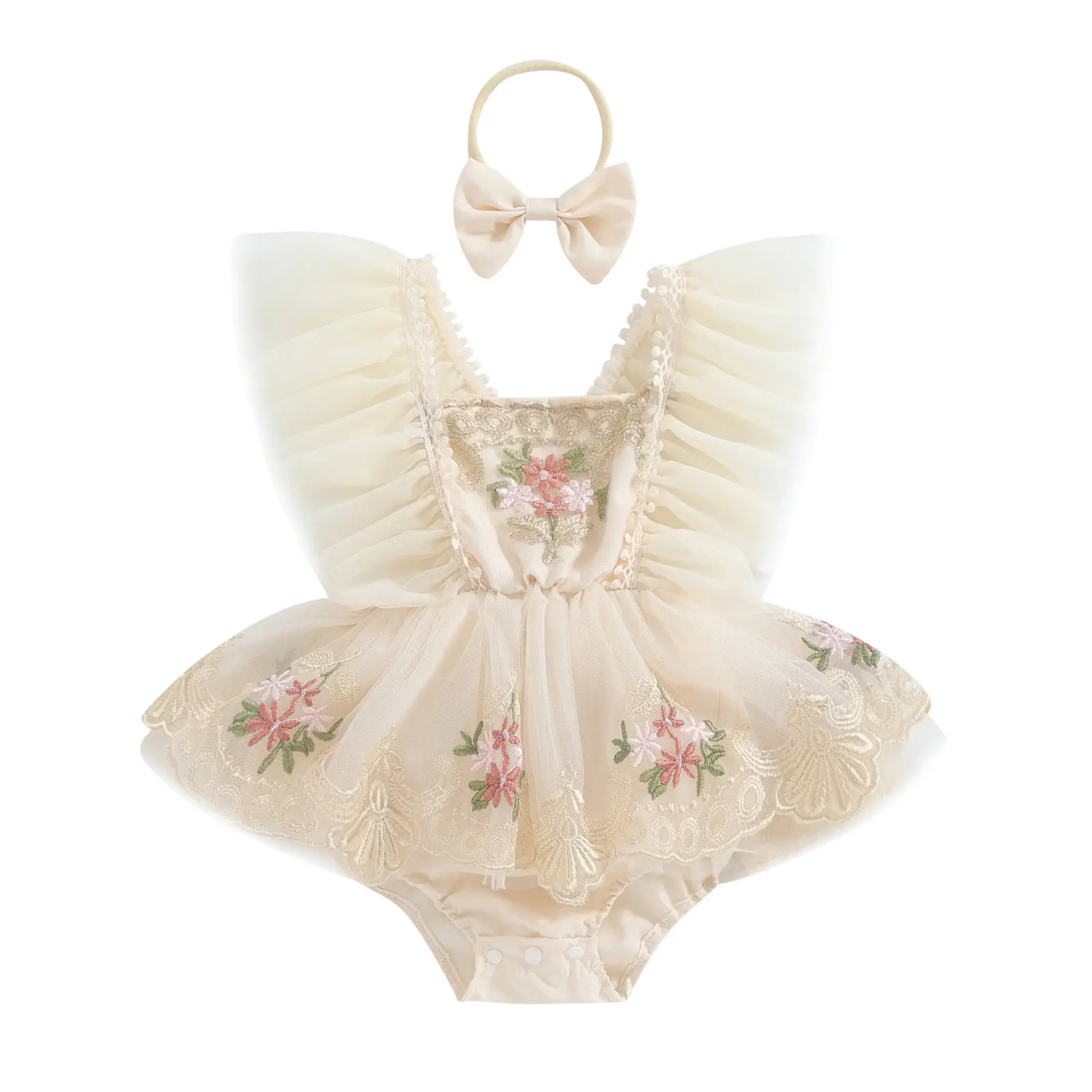 Cpzvucak Newborn Baby Girl Summer Outfit Fly Sleeve Embroidery Flower Tulle Patchwork Romper Dress With Bow Hairband 2Pcs Cute Clothes Set