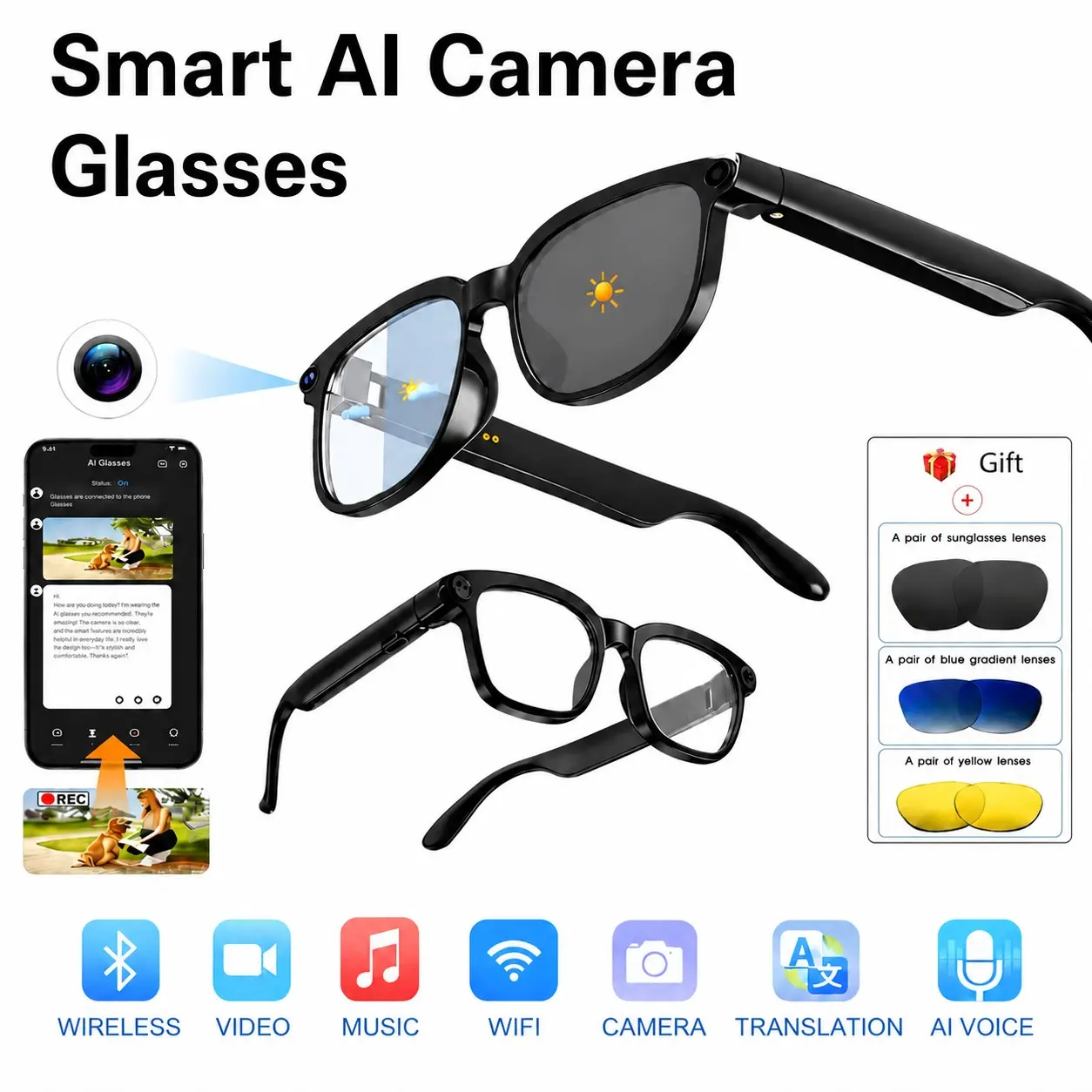 Photography AI intelligent Bluetooth glasses, with three replacement magnetic lenses as a gift, for recording photography videos with high-definition image quality, UV protection, blue light filtering, enhanced light, anti shake lens, and real-time langua