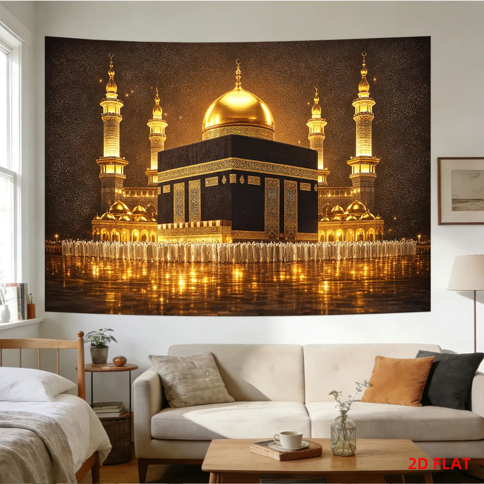 Islamic Kaaba Mecca Print Tapestry - Lightweight Foldable Polyester Fabric with Golden Dome Religious Scene, Home Decor Wall Hanging for Prayer, Baby Shower, Engagement, Anniversary Indoor-Outdoor Photography, Home Supplies